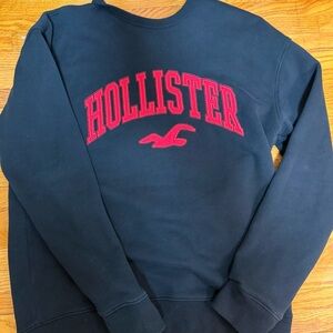 Hollister Men's Navy Crewneck Sweater with Red Logo